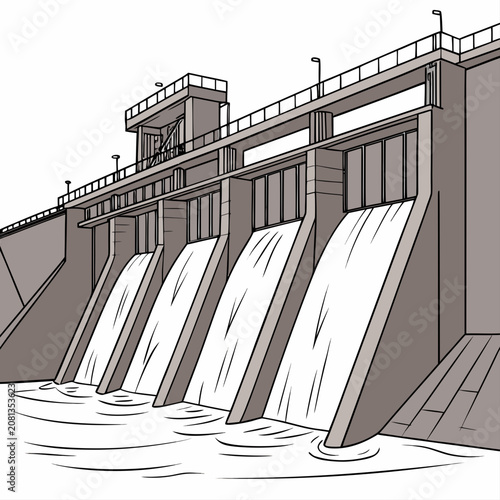 Concrete hydroelectric dam with water flowing over spillways, featuring a control building and safety railings on a white background