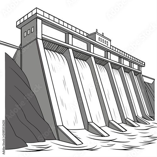 Grey scale of a large concrete hydroelectric dam with water pouring over spillways into a river, set against a rocky cliff