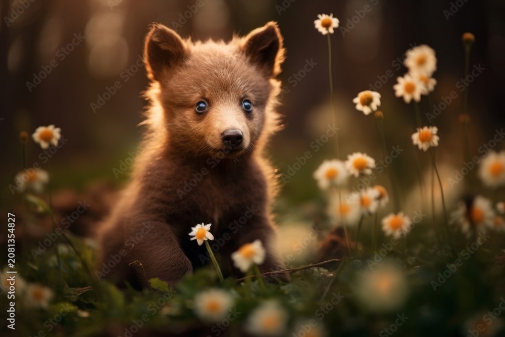 Fototapeta premium Spring time with bear cub wildlife outdoors mammal.