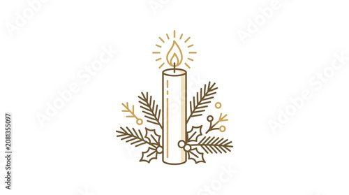 A minimalist line art illustration of a burning candle with festive evergreen foliage