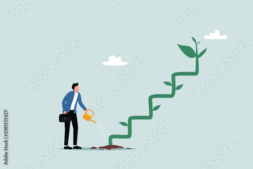 Representing growth steps or a career ladder—and a flourishing investment—a businessperson waters a seedling that is growing into the shape of a staircase, ready to be climbed to achieve success.