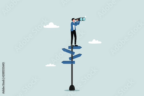 Seeking the right direction, business opportunities, or a path to success—and determining decisions or career paths—businesspeople peer through a telescope to find solutions.
