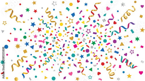 Festive background with explosion of colorful confetti, stars, and golden streamers