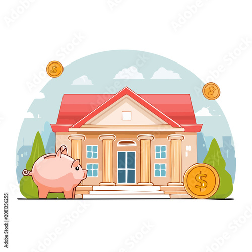 Flat illustration of bank building with piggy bank and coins