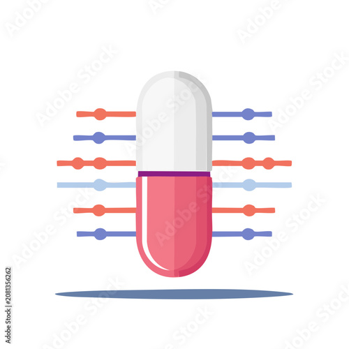 Flat vector icon of a pill capsule with molecular structure