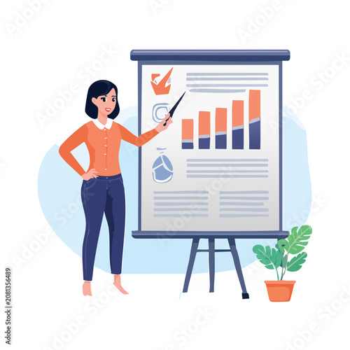 Woman presenting a bar chart on a whiteboard