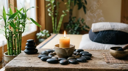 Meditation candle surrounded by smooth zen stones and bamboo