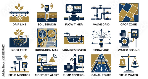 Smart farming irrigation system icons with drip line soil sensor and flow timer isolated on white background