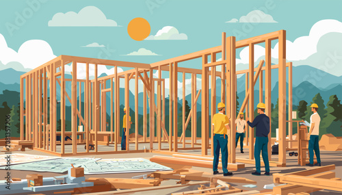 Foto Construction workers building a new house frame on a sunny day with mountains in the background, illustrating the early stages of home building