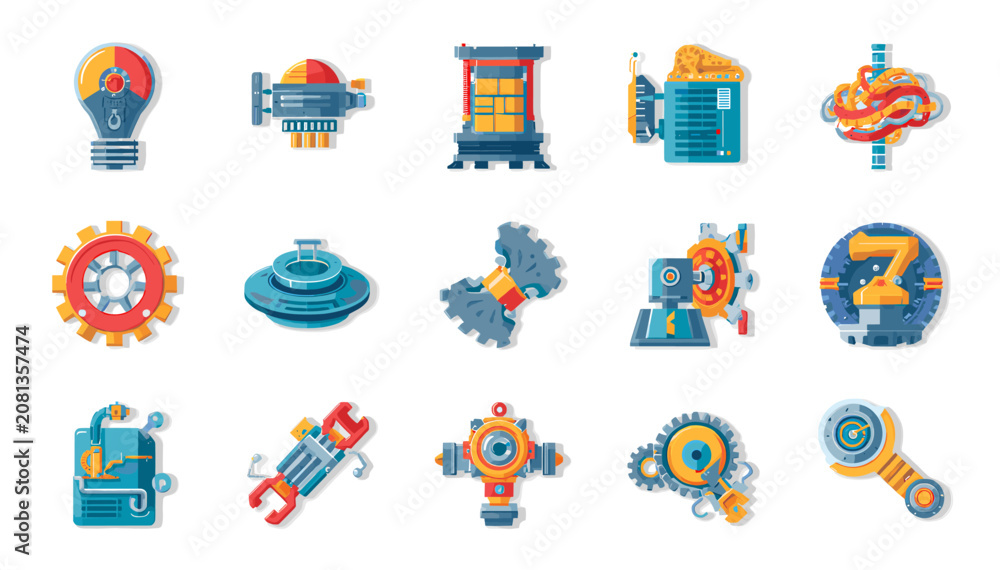 Naklejka premium Collection of 15 colorful flat design icons representing technology, engineering, innovation, and mechanical concepts on a white background.
