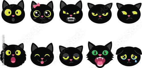 Foto Black Cat Emoji Vector Icon Set Featuring Various Cute Angry Sad Surprised Happy