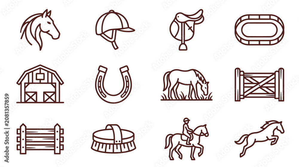 Obraz premium Equestrian Icons Set: Horse, Saddle, Barn, Horseshoe, Rider, Fence, Arena
