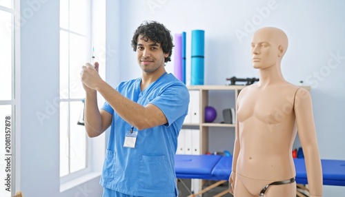 Young medical student practices injection technique on training mannequin for skill development