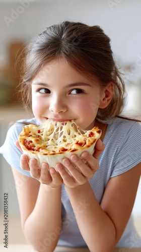 Little girl eating delicious pizza with melting gooey cheese stretch