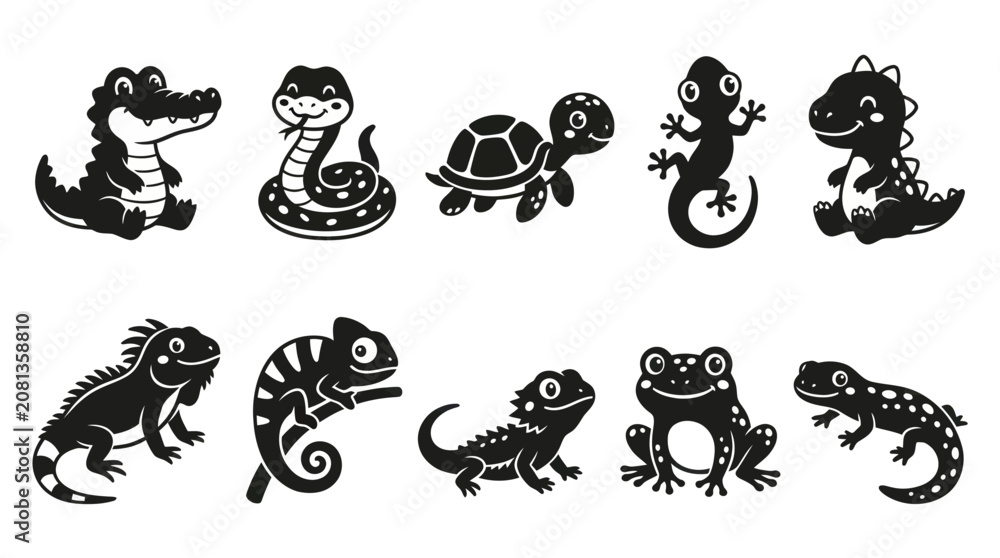 Fototapeta premium Cute Reptiles and Amphibians Character Vector Set