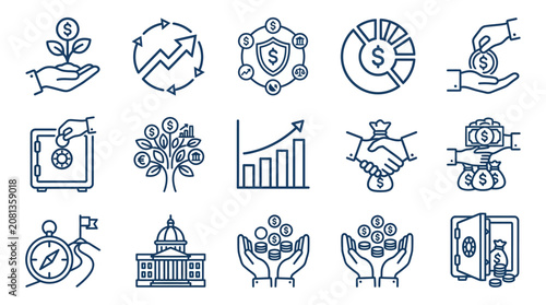 Finance and Investment Icons Set: Growth, Security, Savings, and Success