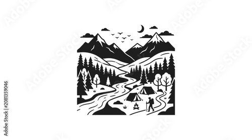 Mountain Camping Adventure: River, Tents, Hiker, Forest, Scenic Landscape