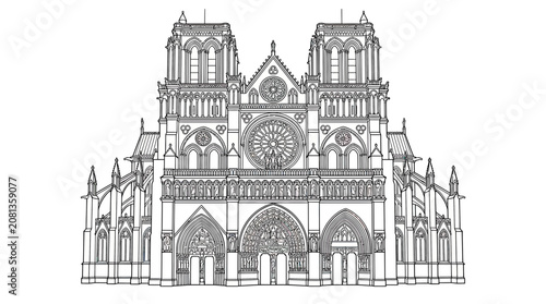 Notre Dame Cathedral Facade Sketch - Paris Landmark - Gothic Architecture