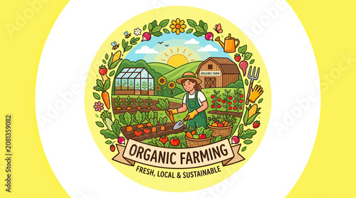 Organic Farming Scene: Farmer Tending Crops in Greenhouse and Field, Barn, Sun