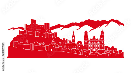Red Silhouette Skyline of Historic Spanish City with Castle and Mountains