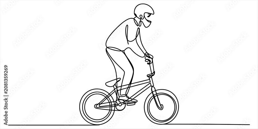 Obraz premium Continuous single line drawing of a boy wearing a helmet riding a bicycle representing active lifestyle sports hobby and extreme cycling recreation Vector, illustration