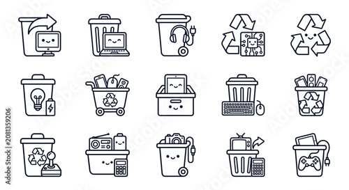 A collection of simple line art icons representing electronic waste recycling