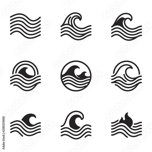 A collection of various minimalist wave icons set against a clean white background