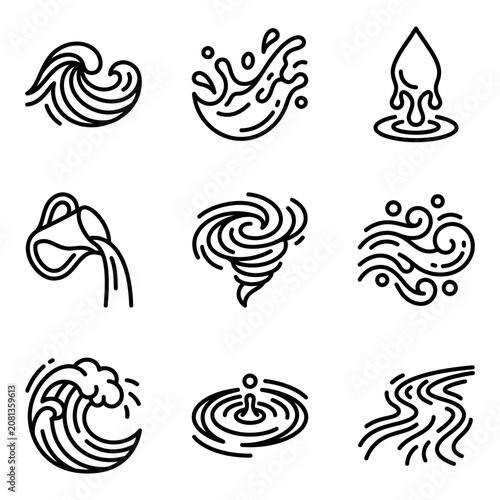 A collection of simple black line icons representing various water and weather elements