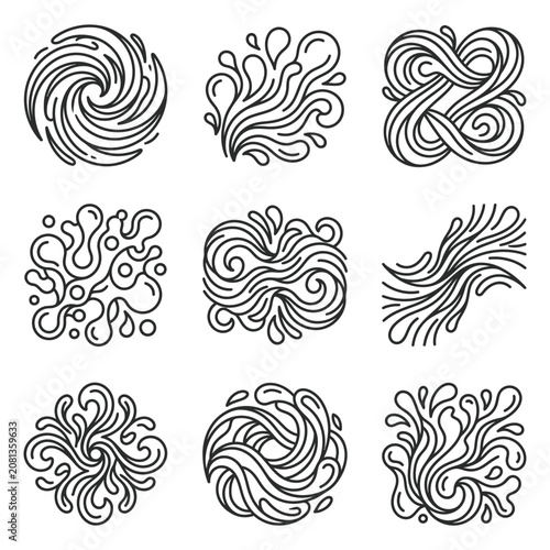 A collection of nine abstract black and white liquid swirl icons