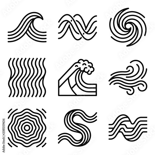 A collection of various minimalist wave and water motion icons