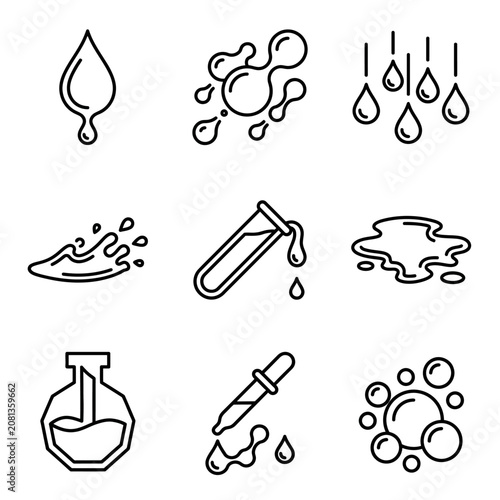 A collection of simple black line icons representing various liquid and chemical laboratory elements