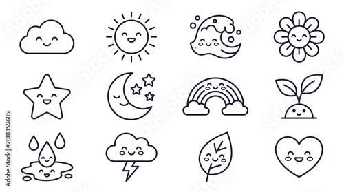 A collection of cute weather and nature icons with happy faces