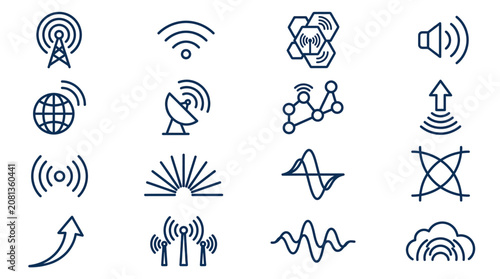 Set of communication and technology icons: Wi-Fi, signal, network, audio, globe, antenna