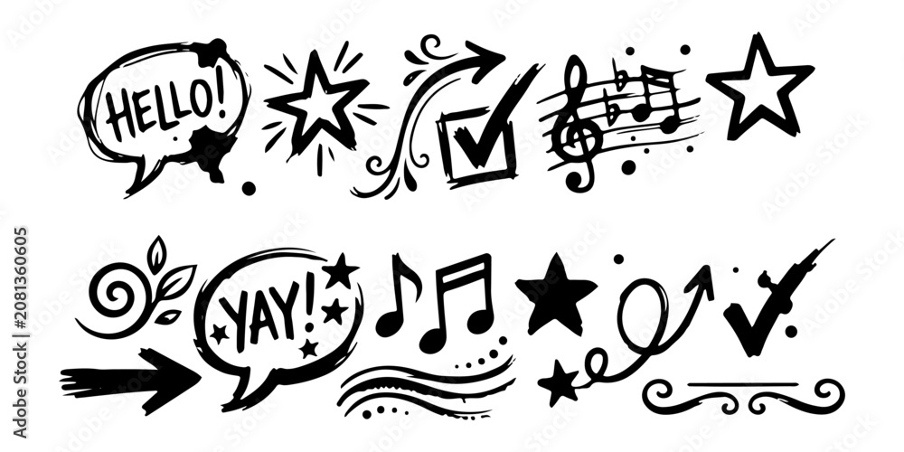 Obraz premium Decorative hand-drawn doodle elements set including speech bubbles stars music notes checkmarks with handdrawn checkmarks decorative ornaments elements graphics