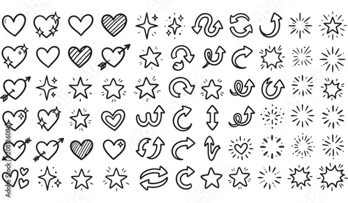 Schilderij op canvas Black and white hand drawn doodle elements including hearts stars and swirls wit