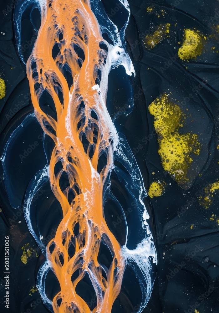 Fototapeta premium Aerial View of Braided Glacial River Channels Flowing Through Black Volcanic Sand in Iceland's Highlands