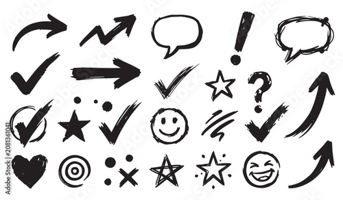 Obraz na plátně Collection of hand-drawn doodle elements including arrows speech bubbles checkma