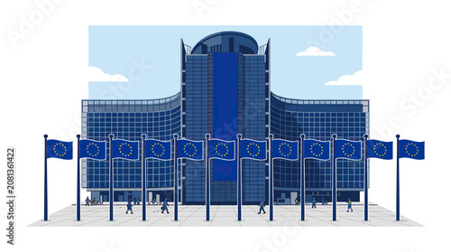 European Commission Building Brussels, EU Flags Flying in Front