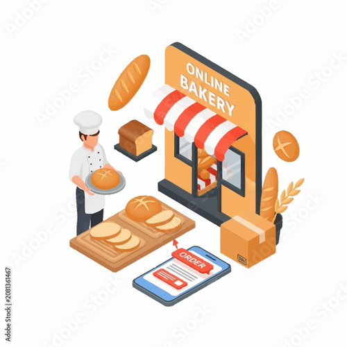 Foto Baker delivering bread from online bakery store illustration.