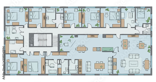 Architectural Floor Plan Depicting Multiple Apartment Units and Communal Living Spaces for Urban Housing Development Projects and Residential Building Designs Visual Concepts Providing Clear