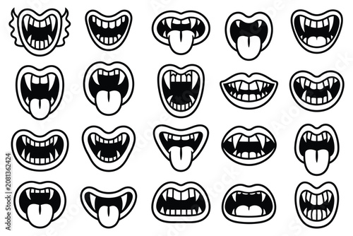 Konstfotografi Scary smile masks collection of different creepy toothy face designs line art Ha