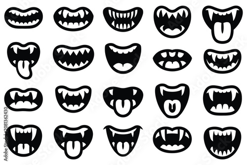Bild auf Leinwand Scary smile masks collection of different creepy toothy face designs line art Ha