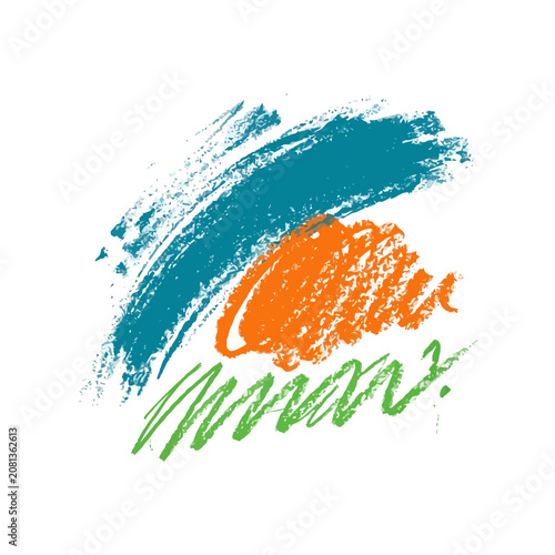 Abstract crayon strokes in blue, orange and green on white