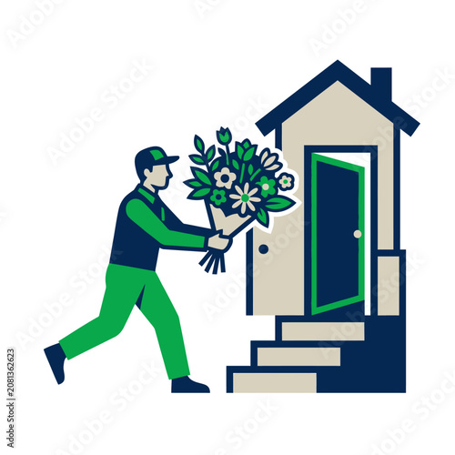 Courier delivers a beautiful bouquet of flowers to a home