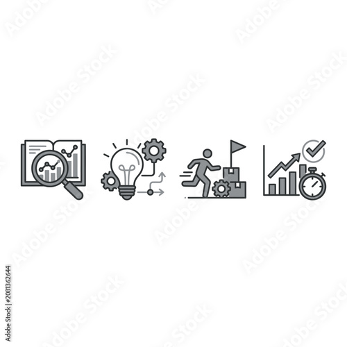 Icons representing business analysis, strategy, action and growth