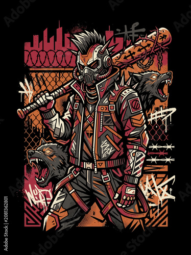 A futuristic punk warrior stands with fierce wolves and a spiked bat