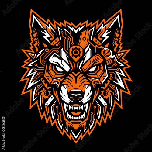 A fierce robotic wolf head with intricate circuit patterns