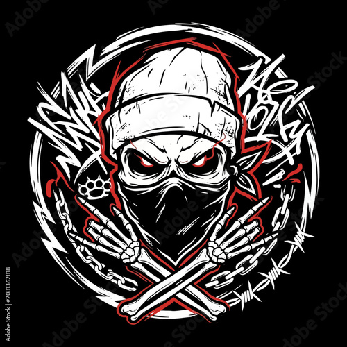 Gritty skull illustration with skeleton hands and chains design