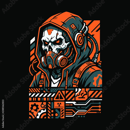 A futuristic skull character with a gas mask and headphones