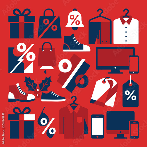 Flat design shopping icons for holiday sales on red background